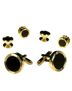 Cristoforo Cardi Black Circular Onyx with Gold Edge Concentric Circles Studs and Cufflinks Set