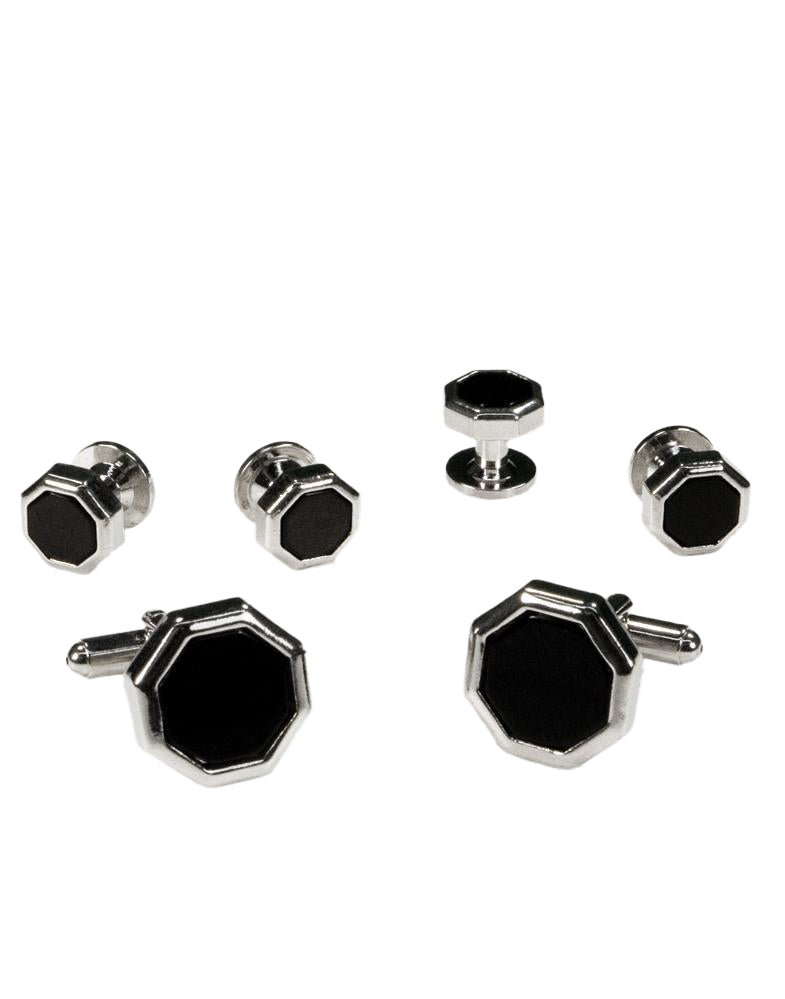 Black Octagon Onyx with Silver Edge Studs and Cufflinks Set Black Octagon Onyx with Silver Edge Studs and Cufflinks Set