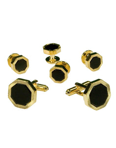 Cristoforo Cardi Black Octagon Onyx with Gold Feathered Edge Studs and Cufflinks Set