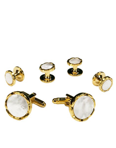 Cristoforo Cardi White Circular Mother of Pearl with Gold Diamond Cut Edge Studs and Cufflinks Set