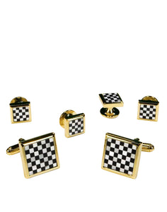 Cristoforo Cardi Black & White Square Onyx and Mother of Pearl Checkerboard with Gold Trim Studs and Cufflinks Set