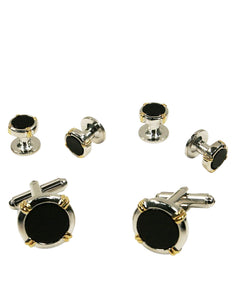 Cristoforo Cardi Black Circular Onyx with Silver Trim and Gold Wrapped Accents Studs and Cufflinks Set