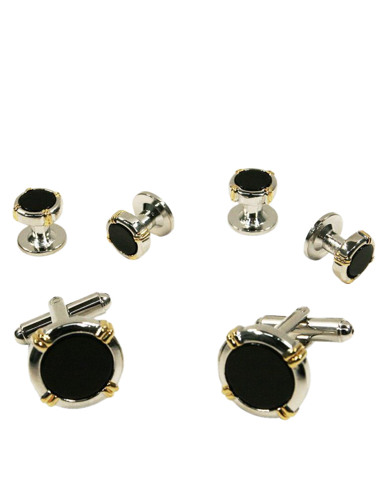 Cristoforo Cardi Black Circular Onyx with Silver Trim and Gold Wrapped Accents Studs and Cufflinks Set