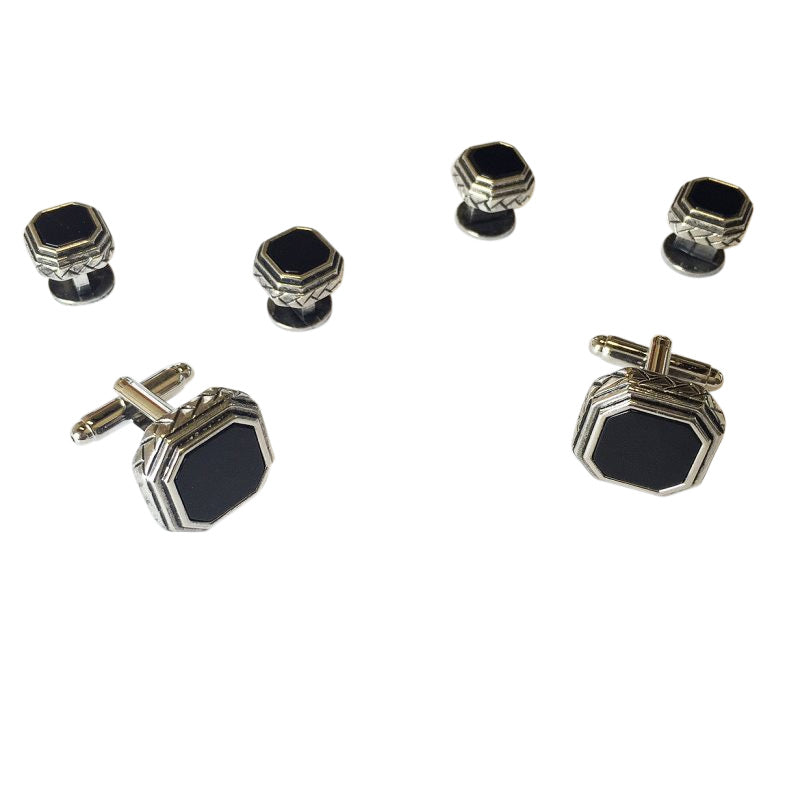 Cristoforo Cardi Black Octagon Onyx with Antique Silver Edge Studs and Cufflinks Set
